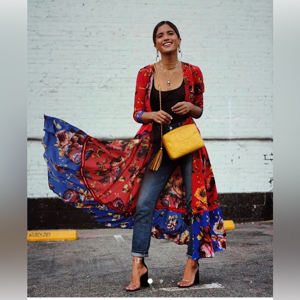 Floral Red and Blue Long Kimono